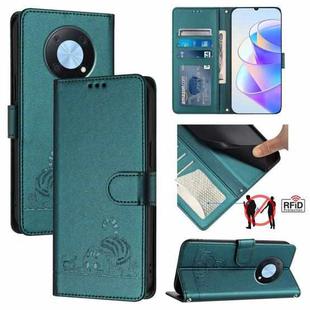 For Huawei nova Y90 Cat Rat Embossed Pattern RFID Leather Phone Case with Lanyard(Peacock Green)