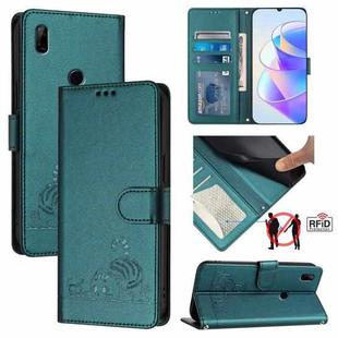 For Huawei P Smart Z Cat Rat Embossed Pattern RFID Leather Phone Case with Lanyard(Peacock Green)
