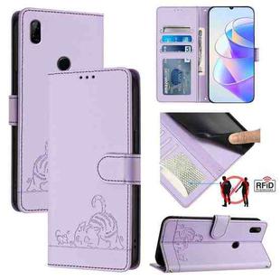 For Huawei P Smart Z Cat Rat Embossed Pattern RFID Leather Phone Case with Lanyard(Purple)