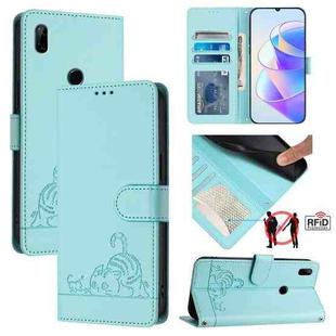 For Huawei Y9 Prime 2019 Cat Rat Embossed Pattern RFID Leather Phone Case with Lanyard(Mint Green)