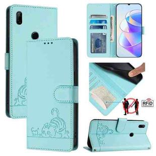 For Huawei Enjoy 10 Plus Cat Rat Embossed Pattern RFID Leather Phone Case with Lanyard(Mint Green)