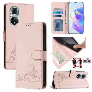 For Huawei nova 9 Cat Rat Embossed Pattern RFID Leather Phone Case with Lanyard(Pink)