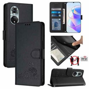 For Huawei nova 9 Cat Rat Embossed Pattern RFID Leather Phone Case with Lanyard(Black)