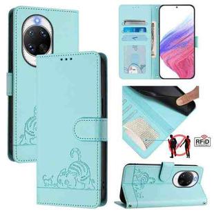 For Huawei nova 14 Ultra 5G Cat Rat Embossed Pattern RFID Leather Phone Case with Lanyard(Mint Green)