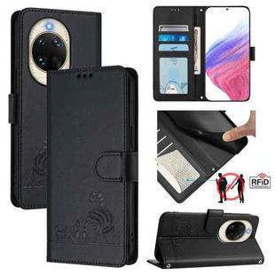 For Huawei nova 14 5G Cat Rat Embossed Pattern RFID Leather Phone Case with Lanyard(Black)