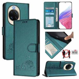For Huawei nova 14 5G Cat Rat Embossed Pattern RFID Leather Phone Case with Lanyard(Peacock Green)