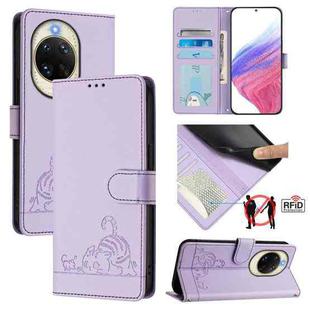 For Huawei nova 14 5G Cat Rat Embossed Pattern RFID Leather Phone Case with Lanyard(Purple)