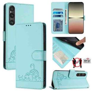 For Sony 1 V 2023 Cat Rat Embossed Pattern RFID Leather Phone Case with Lanyard(Mint Green)