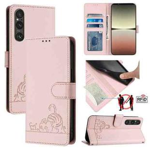 For Sony 1 V 2023 Cat Rat Embossed Pattern RFID Leather Phone Case with Lanyard(Pink)