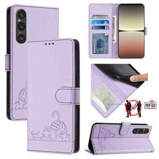 For Sony 1 V 2023 Cat Rat Embossed Pattern RFID Leather Phone Case with Lanyard(Purple)