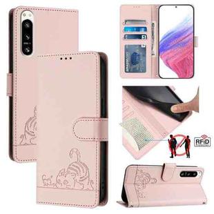 For Sony 5 IV Cat Rat Embossed Pattern RFID Leather Phone Case with Lanyard(Pink)