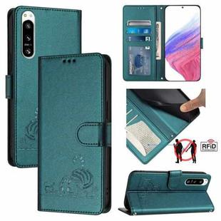 For Sony 5 IV Cat Rat Embossed Pattern RFID Leather Phone Case with Lanyard(Peacock Green)