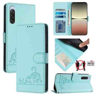 For Sony 10 V 2023 Cat Rat Embossed Pattern RFID Leather Phone Case with Lanyard(Mint Green)