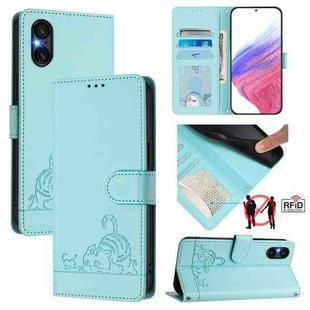 For Sony Xperia 5 VI Cat Rat Embossed Pattern RFID Leather Phone Case with Lanyard(Mint Green)