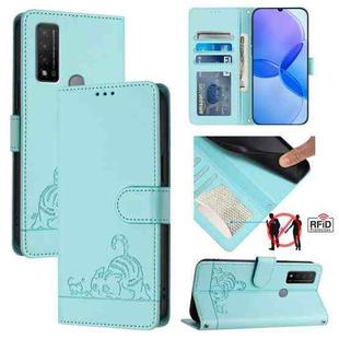 For TCL 20 R Cat Rat Embossed Pattern RFID Leather Phone Case with Lanyard(Mint Green)