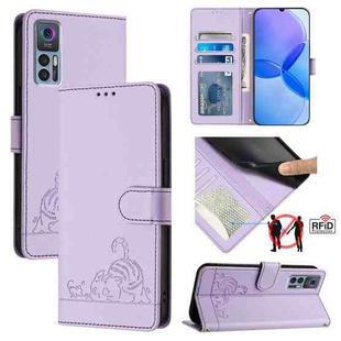 For TCL 30 / 30 5G / 30+ Cat Rat Embossed Pattern RFID Leather Phone Case with Lanyard(Purple)