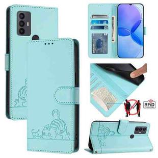 For TCL 30 SE Cat Rat Embossed Pattern RFID Leather Phone Case with Lanyard(Mint Green)