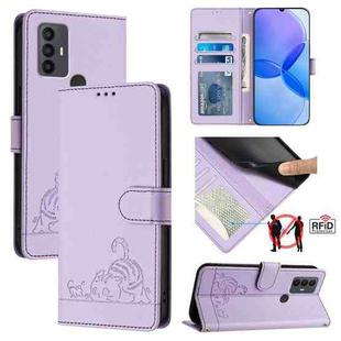 For TCL 30 SE Cat Rat Embossed Pattern RFID Leather Phone Case with Lanyard(Purple)