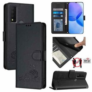 For TCL 30 XE 5G Cat Rat Embossed Pattern RFID Leather Phone Case with Lanyard(Black)