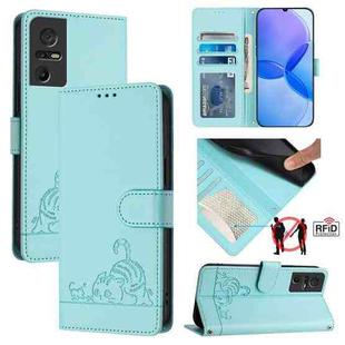 For TCL 40 SE Cat Rat Embossed Pattern RFID Leather Phone Case with Lanyard(Mint Green)