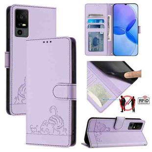 For TCL 40 R Cat Rat Embossed Pattern RFID Leather Phone Case with Lanyard(Purple)