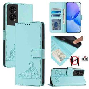 For TCL 50 SE Cat Rat Embossed Pattern RFID Leather Phone Case with Lanyard(Mint Green)