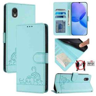 For TCL 201 Cat Rat Embossed Pattern RFID Leather Phone Case with Lanyard(Mint Green)