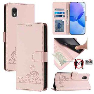 For TCL 201 Cat Rat Embossed Pattern RFID Leather Phone Case with Lanyard(Pink)