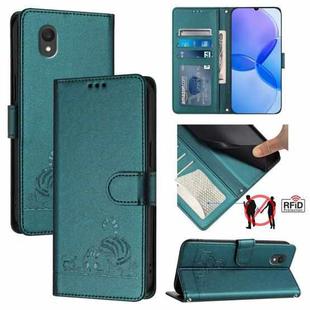 For TCL 201 Cat Rat Embossed Pattern RFID Leather Phone Case with Lanyard(Peacock Green)