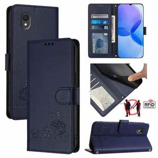 For TCL 201 Cat Rat Embossed Pattern RFID Leather Phone Case with Lanyard(Blue)