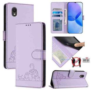 For TCL 201 Cat Rat Embossed Pattern RFID Leather Phone Case with Lanyard(Purple)