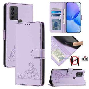 For TCL 305 / 306 Cat Rat Embossed Pattern RFID Leather Phone Case with Lanyard(Purple)