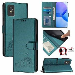 For TCL 403 Cat Rat Embossed Pattern RFID Leather Phone Case with Lanyard(Peacock Green)