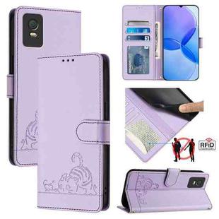 For TCL 403 Cat Rat Embossed Pattern RFID Leather Phone Case with Lanyard(Purple)