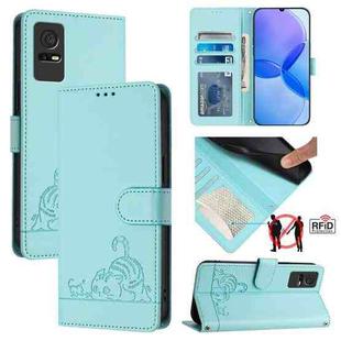 For TCL 405 / 406 / 408 Cat Rat Embossed Pattern RFID Leather Phone Case with Lanyard(Mint Green)