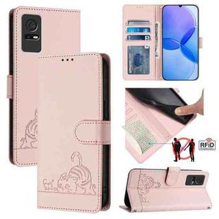 For TCL 405 / 406 / 408 Cat Rat Embossed Pattern RFID Leather Phone Case with Lanyard(Pink)