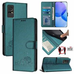 For TCL 405 / 406 / 408 Cat Rat Embossed Pattern RFID Leather Phone Case with Lanyard(Peacock Green)