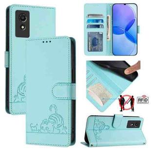 For TCL 501 Cat Rat Embossed Pattern RFID Leather Phone Case with Lanyard(Mint Green)