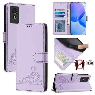 For TCL 501 Cat Rat Embossed Pattern RFID Leather Phone Case with Lanyard(Purple)