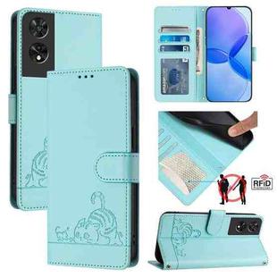 For TCL 505 Cat Rat Embossed Pattern RFID Leather Phone Case with Lanyard(Mint Green)