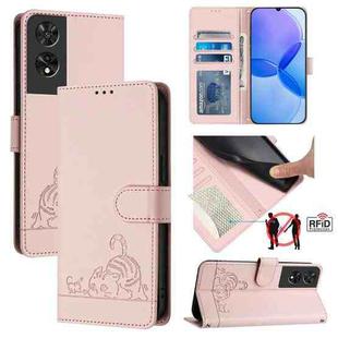 For TCL 505 Cat Rat Embossed Pattern RFID Leather Phone Case with Lanyard(Pink)