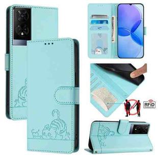 For TCL 50 XE Cat Rat Embossed Pattern RFID Leather Phone Case with Lanyard(Mint Green)