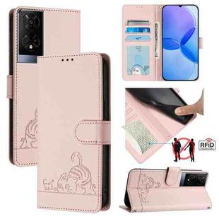 For TCL 50XE 5G Cat Rat Embossed Pattern RFID Leather Phone Case with Lanyard(Pink)
