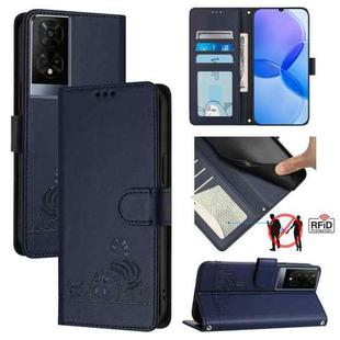 For TCL 50XE 5G Cat Rat Embossed Pattern RFID Leather Phone Case with Lanyard(Blue)