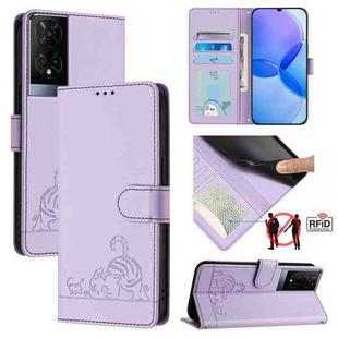 For TCL 50XE 5G Cat Rat Embossed Pattern RFID Leather Phone Case with Lanyard(Purple)