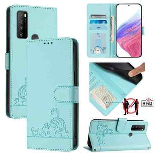 For TCL 30 XL T701DL Cat Rat Embossed Pattern RFID Leather Phone Case with Lanyard(Mint Green)