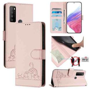 For TCL 30 XL T701DL Cat Rat Embossed Pattern RFID Leather Phone Case with Lanyard(Pink)