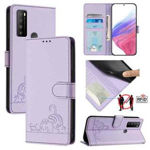 For TCL 30 XL T701DL Cat Rat Embossed Pattern RFID Leather Phone Case with Lanyard(Purple)