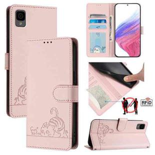 For TCL 30Z T602DL Cat Rat Embossed Pattern RFID Leather Phone Case with Lanyard(Pink)