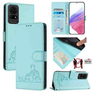 For TCL 50 LE 5G Cat Rat Embossed Pattern RFID Leather Phone Case with Lanyard(Mint Green)